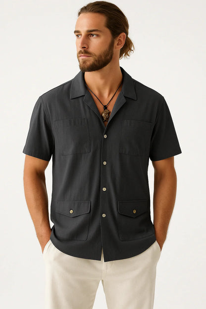 Men'S Shirt with Short Sleeves – Relaxed Fit – Cotton/Linen – 4 Pockets – Notched Collar