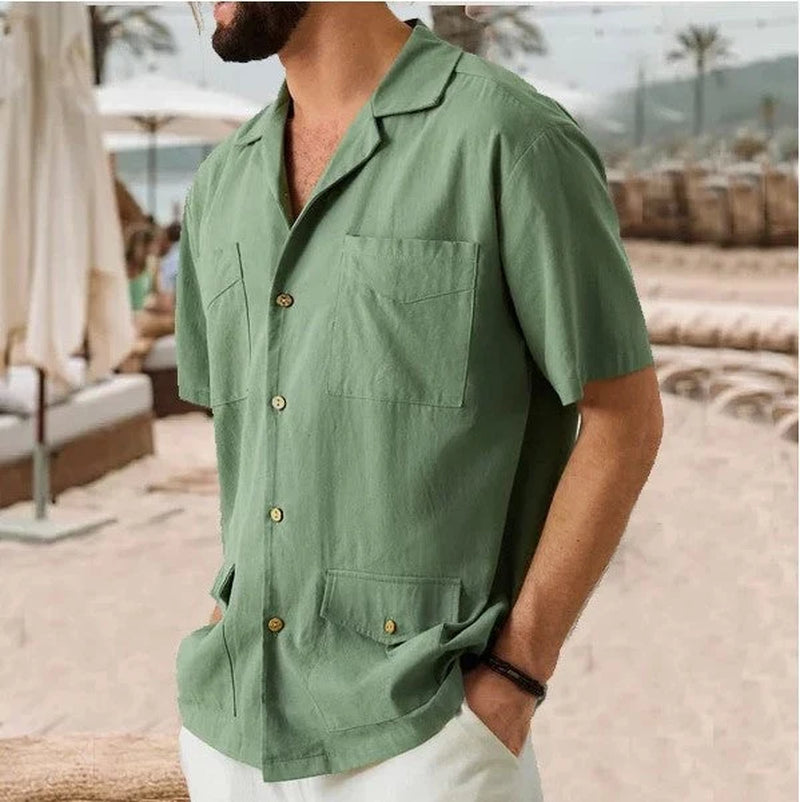 Men'S Shirt with Short Sleeves – Relaxed Fit – Cotton/Linen – 4 Pockets – Notched Collar