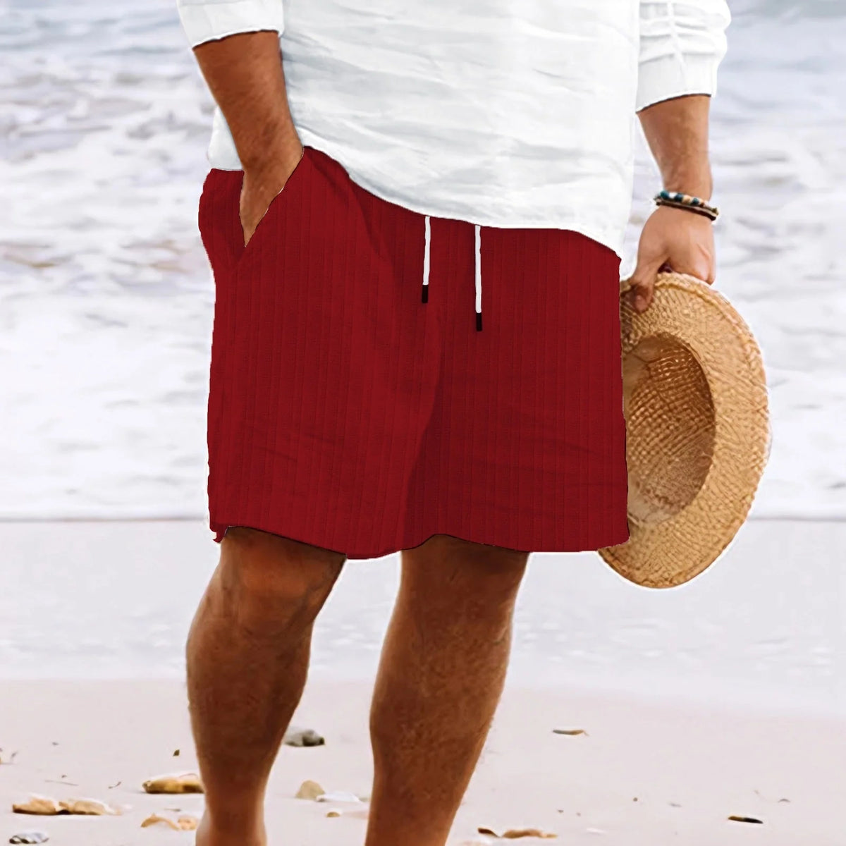 Men'S Shorts – Cotton and Linen Blend – Relaxed Fit – Drawstring Waist – with Pockets