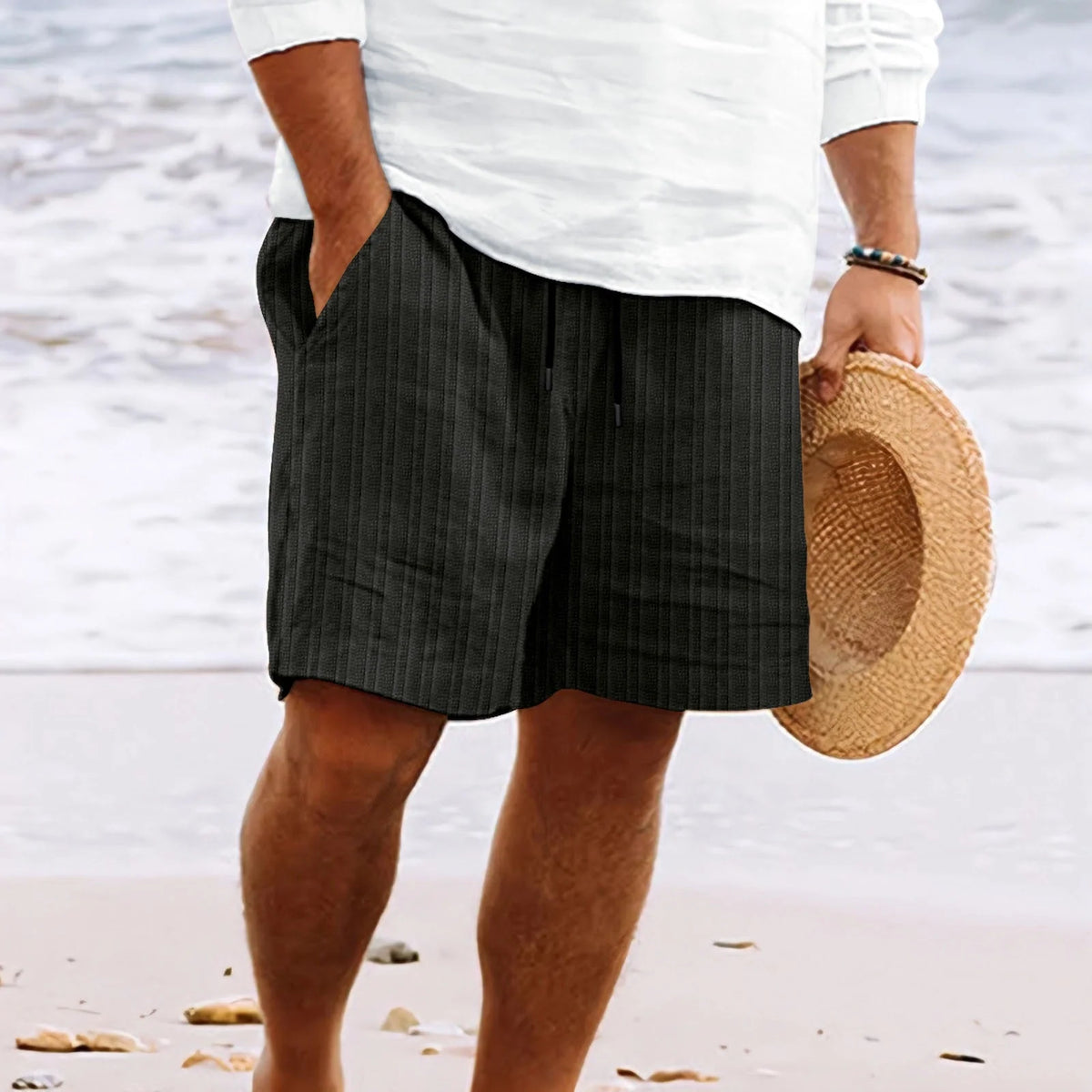 Men'S Shorts – Cotton and Linen Blend – Relaxed Fit – Drawstring Waist – with Pockets