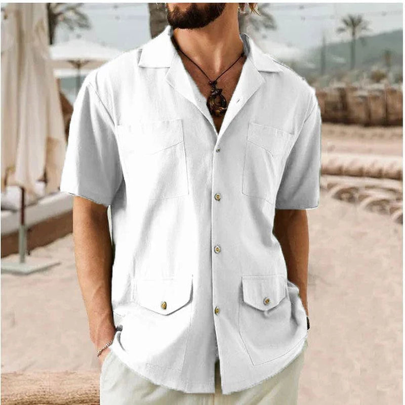 Men'S Shirt with Short Sleeves – Relaxed Fit – Cotton/Linen – 4 Pockets – Notched Collar