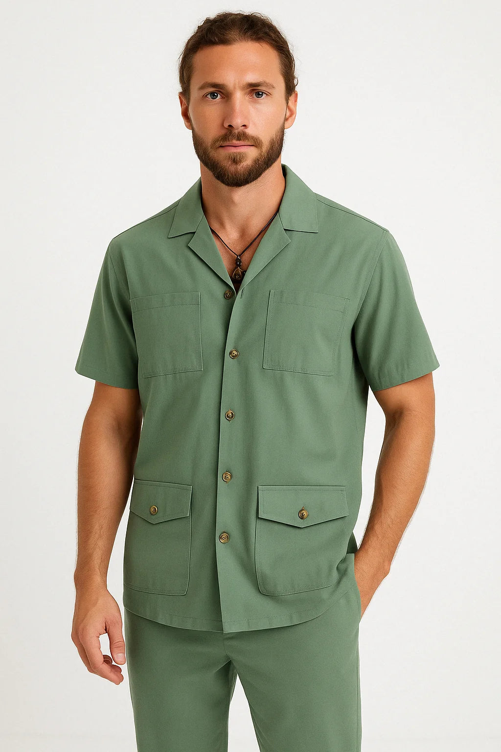 Men'S Shirt with Short Sleeves – Relaxed Fit – Cotton/Linen – 4 Pockets – Notched Collar